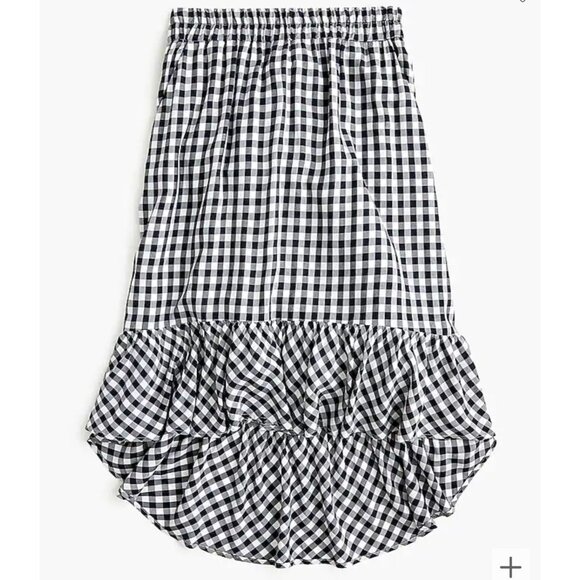 J. Crew Pull On Midi Ruffle Hi Lo Hem Black White & Gingham Check Skirt Size XXS - Picture 1 of 7